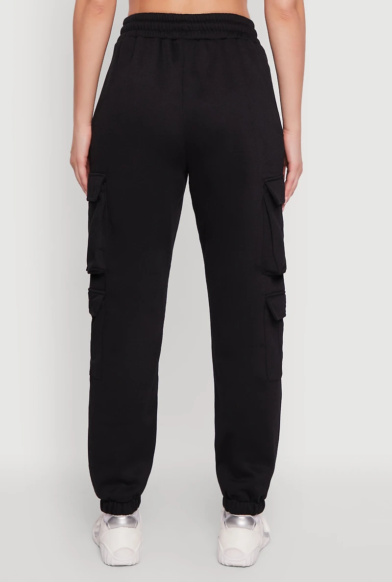 Womens Drawstring High Waisted Cargo Pocket Sweatpants, Black, Size M