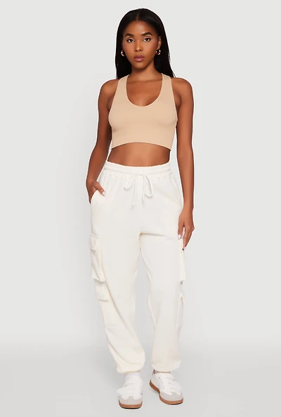 Womens Drawstring High Waisted Cargo Pocket Sweatpants, White,