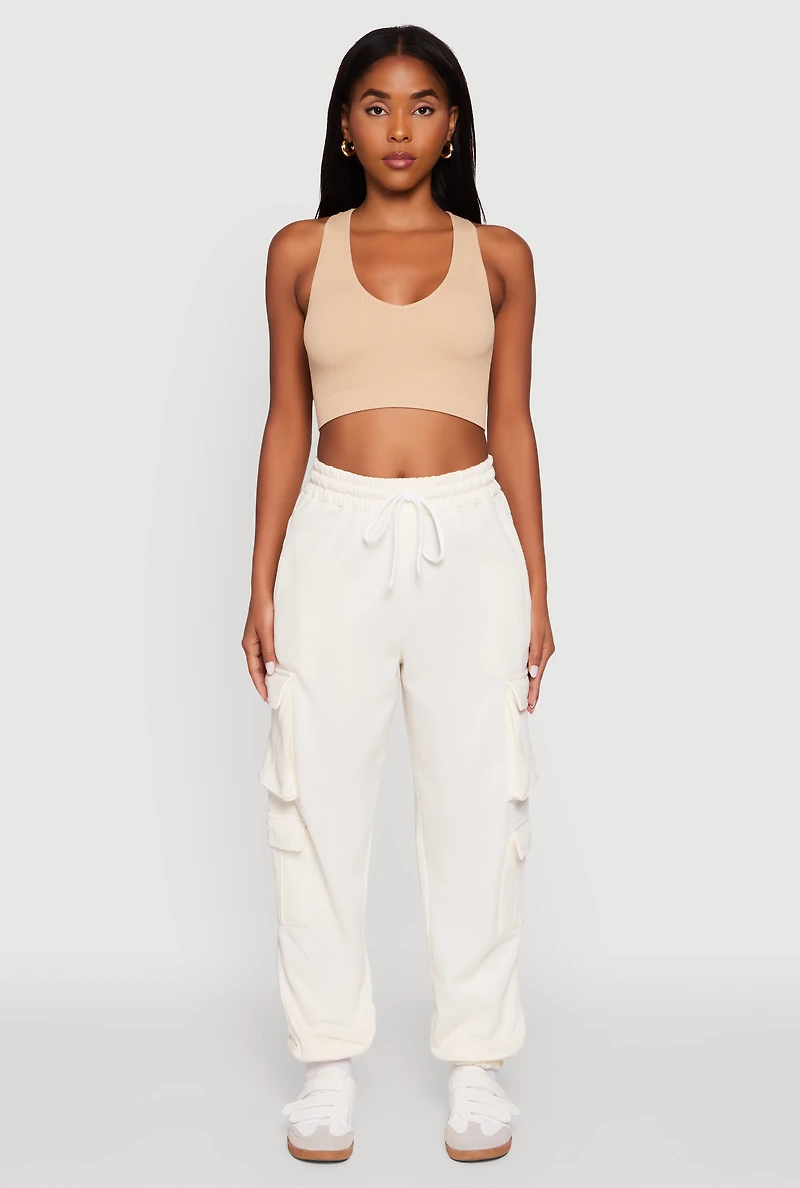 Womens Drawstring High Waisted Cargo Pocket Sweatpants, White, Size XL