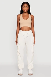 Womens Drawstring High Waisted Cargo Pocket Sweatpants, White, Size XL