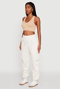 Womens Drawstring High Waisted Cargo Pocket Sweatpants, White, Size XL