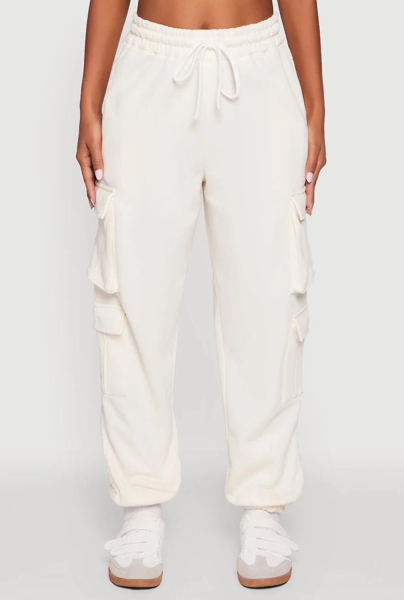 Womens Drawstring High Waisted Cargo Pocket Sweatpants, White, Size XL