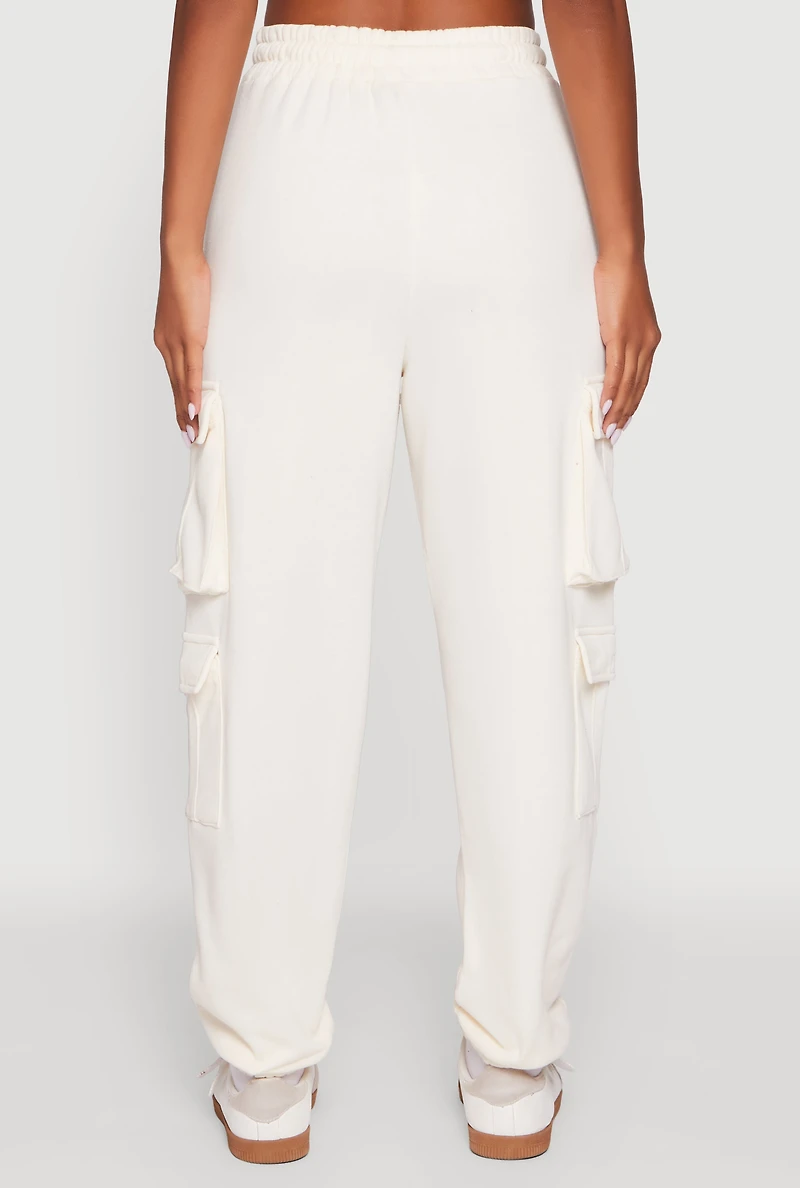 Womens Drawstring High Waisted Cargo Pocket Sweatpants, White, Size XL