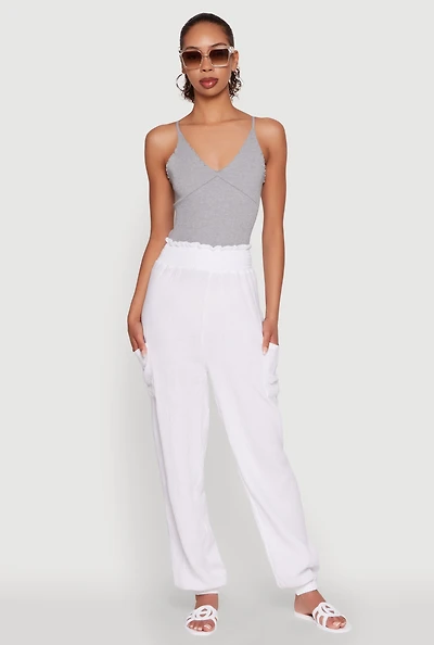 Womens Stylish Gauze Knit High Waisted Joggers, White, Size XL