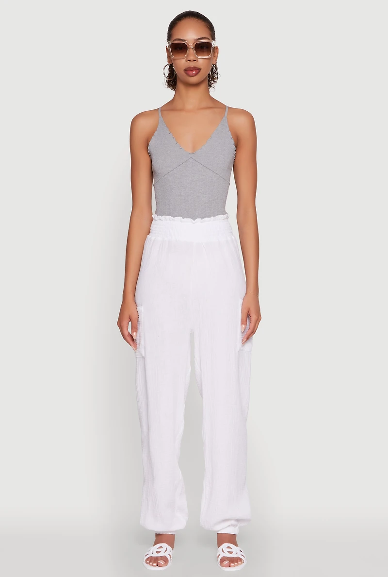 Womens Stylish Gauze Knit High Waisted Joggers, White, Size XL