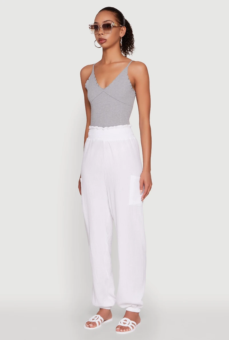 Womens Stylish Gauze Knit High Waisted Joggers, White, Size XL