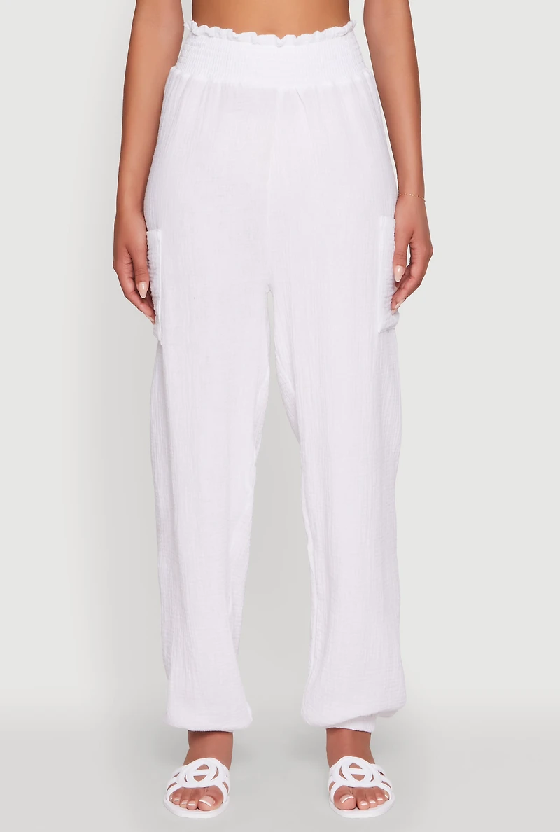 Womens Stylish Gauze Knit High Waisted Joggers, White, Size XL