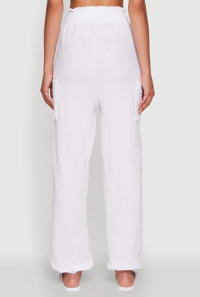 Womens Stylish Gauze Knit High Waisted Joggers, White, Size XL