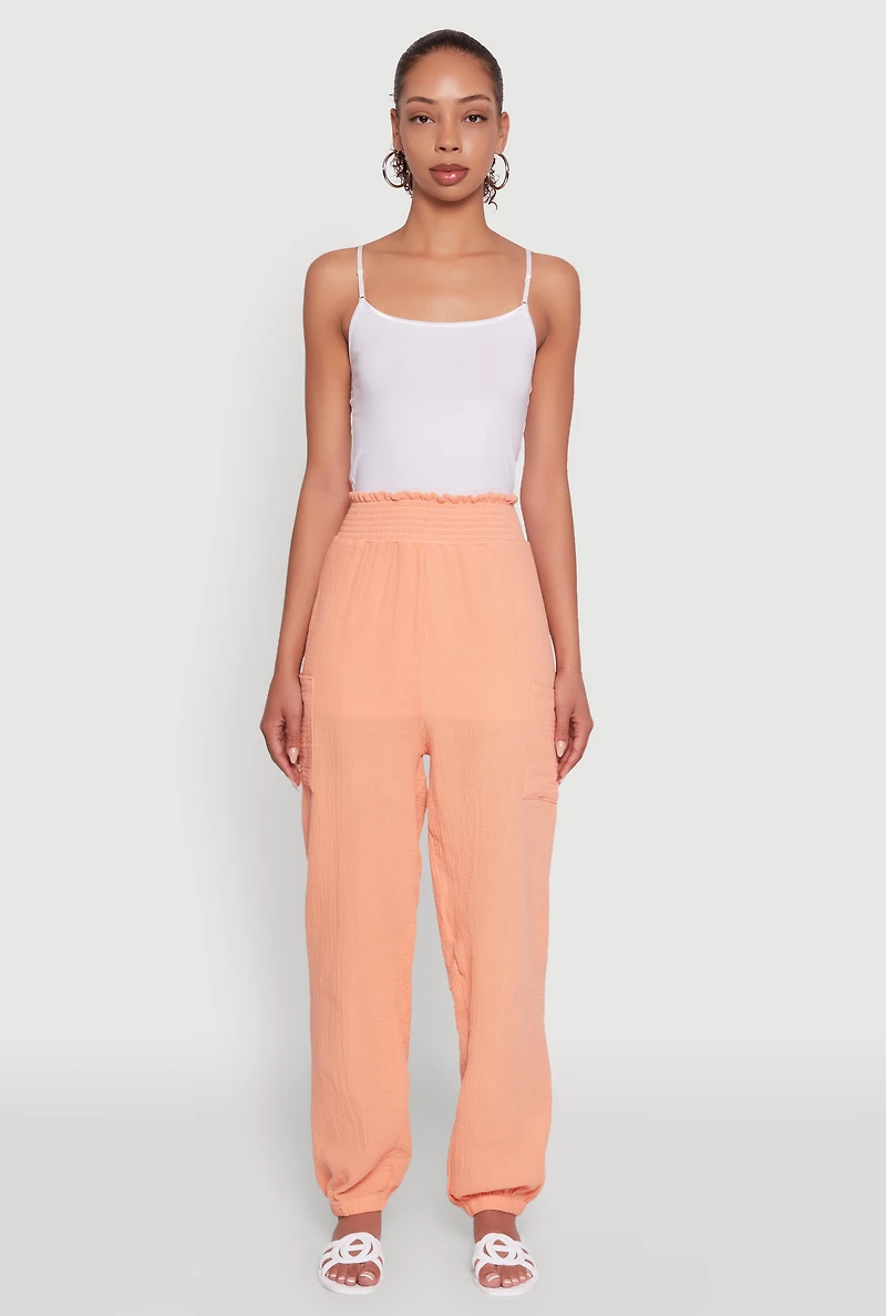 Womens Stylish Gauze Knit High Waisted Joggers, Orange, Size M