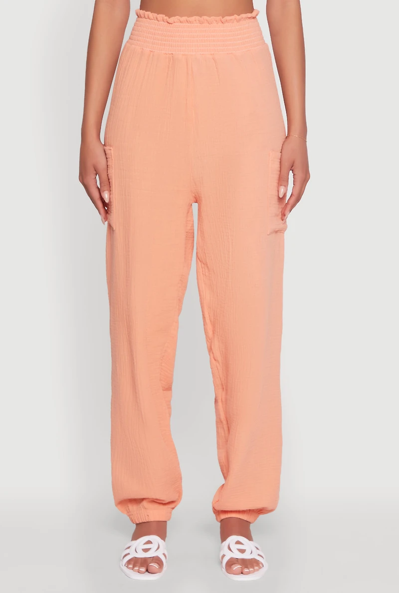 Womens Stylish Gauze Knit High Waisted Joggers, Orange, Size M