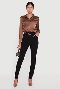 Womens Skinny Leg Scuba Dress Pants with Buckle Front, Black, Size S
