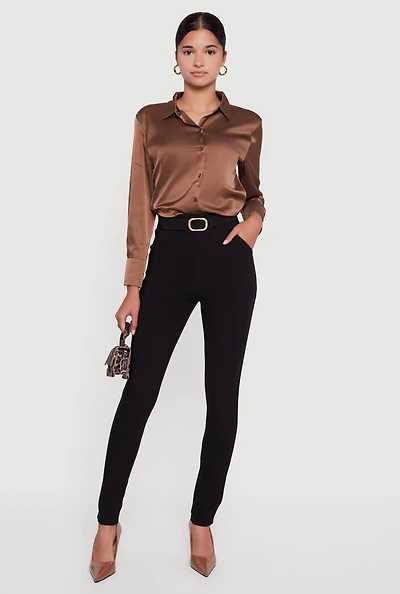 Womens Skinny Leg Scuba Dress Pants with Buckle Front, Black, Size L