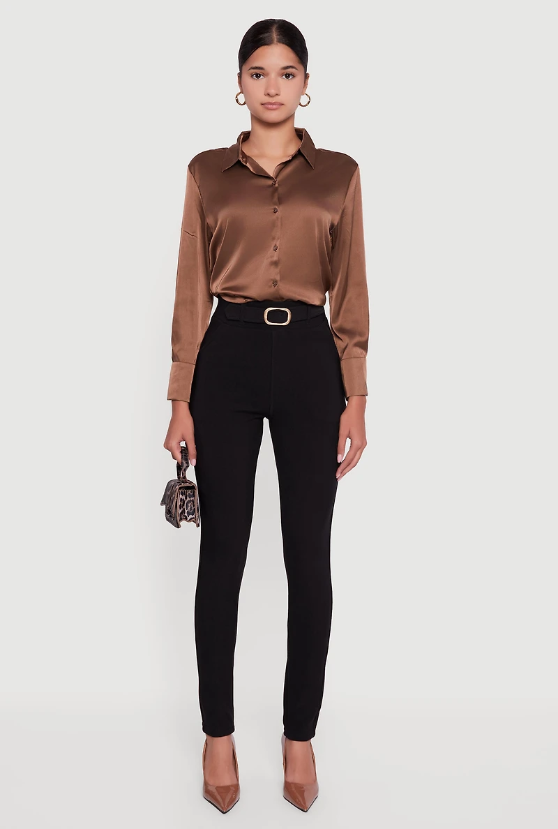Womens Skinny Leg Scuba Dress Pants with Buckle Front, Black, Size S
