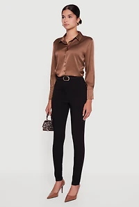 Womens Skinny Leg Scuba Dress Pants with Buckle Front, Black, Size L