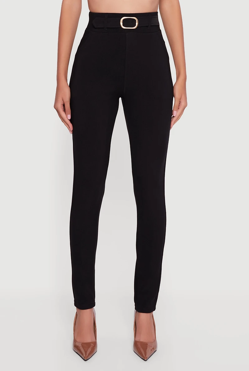 Womens Skinny Leg Scuba Dress Pants with Buckle Front, Black, Size L