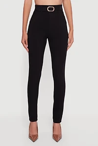 Womens Skinny Leg Scuba Dress Pants with Buckle Front, Black, Size L