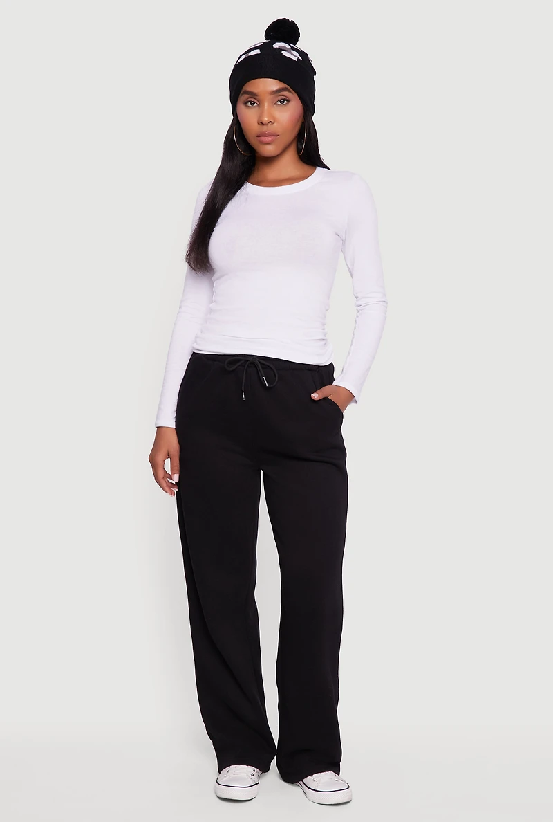 Womens Fleece Lined High Waisted Wide Leg Sweatpants, Black, Size L