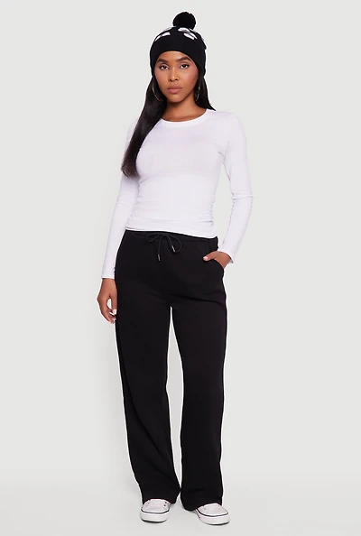 Womens Fleece Lined High Waisted Wide Leg Sweatpants, Black, Size L