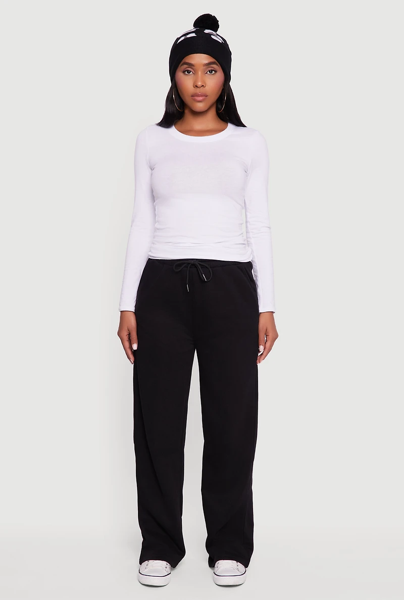 Womens Fleece Lined High Waisted Wide Leg Sweatpants, Black, Size L