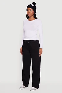 Womens Fleece Lined High Waisted Wide Leg Sweatpants, Black, Size L