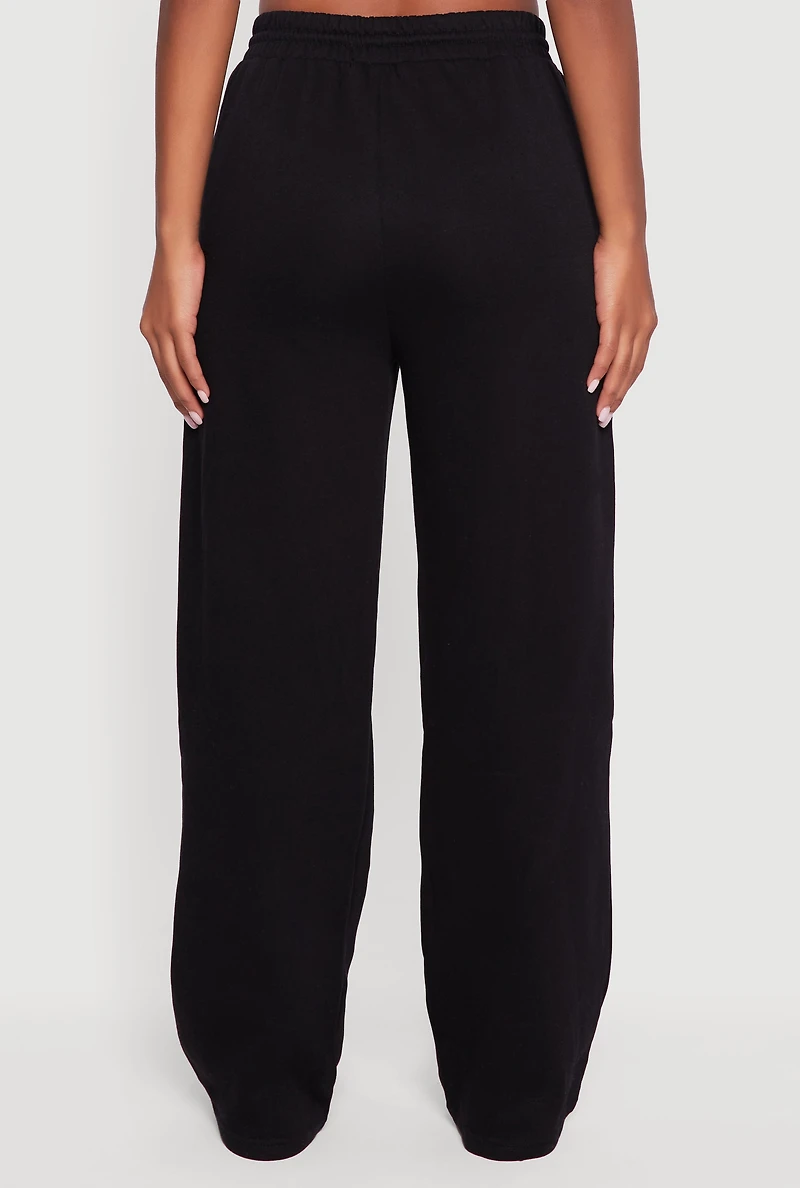 Womens Fleece Lined High Waisted Wide Leg Sweatpants, Black, Size L
