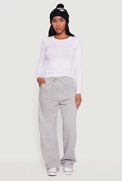 Womens Fleece Lined High Waisted Wide Leg Sweatpants, Grey,