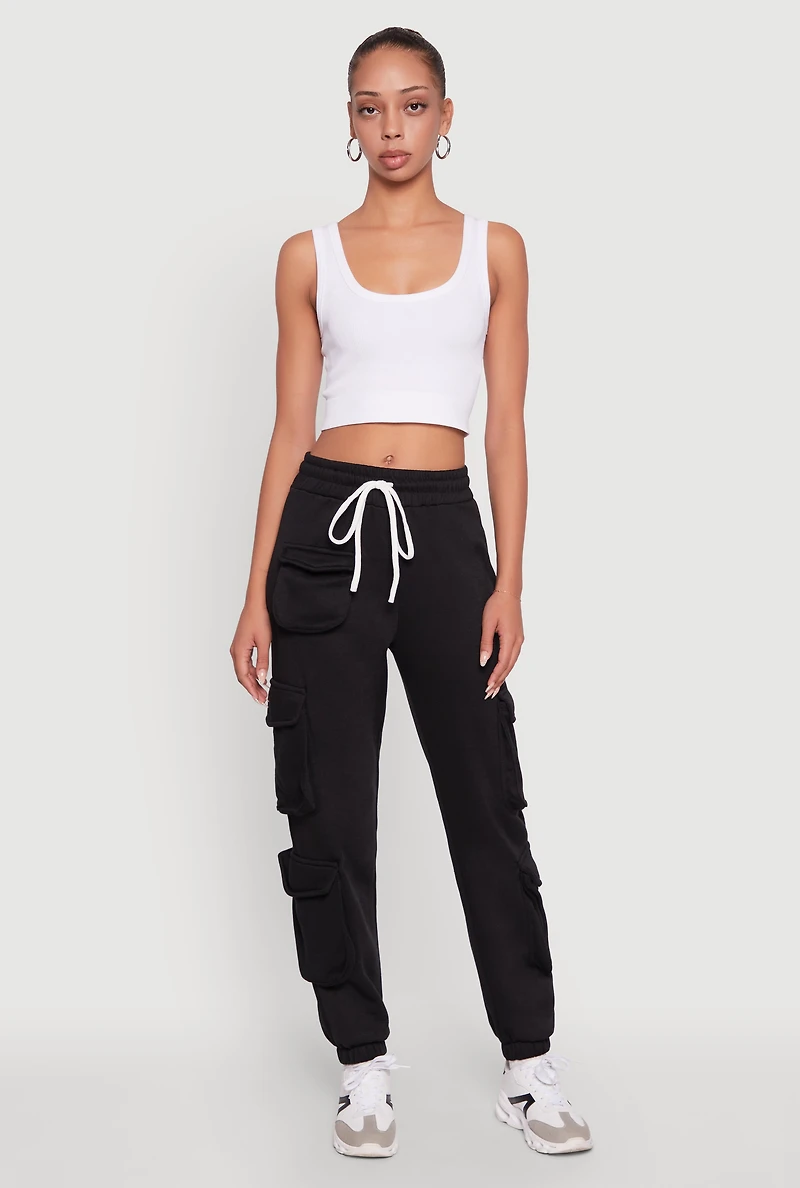 Womens Fleece Drawstring Waist Cargo Joggers, Black, Size M