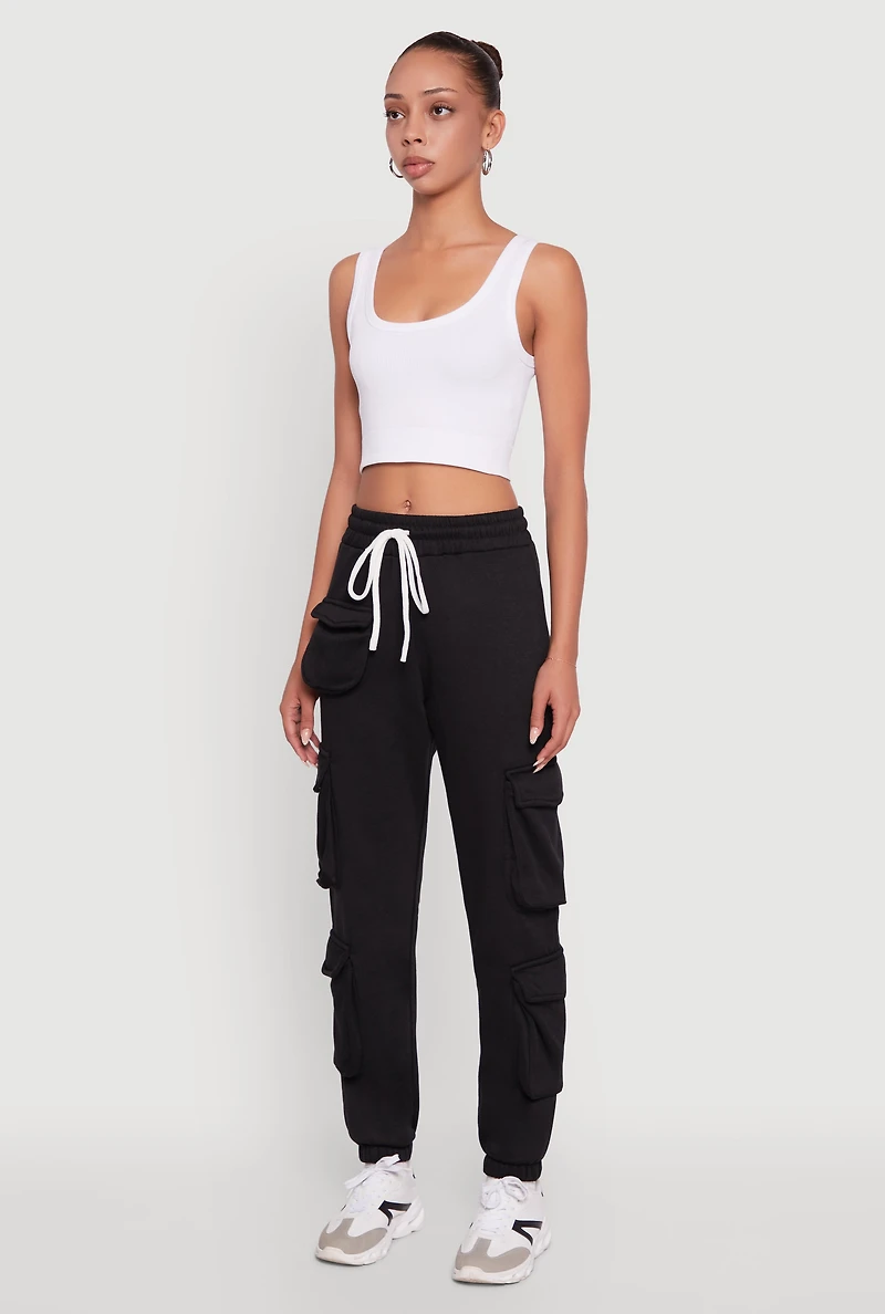 Womens Fleece Drawstring Waist Cargo Joggers, Black, Size M