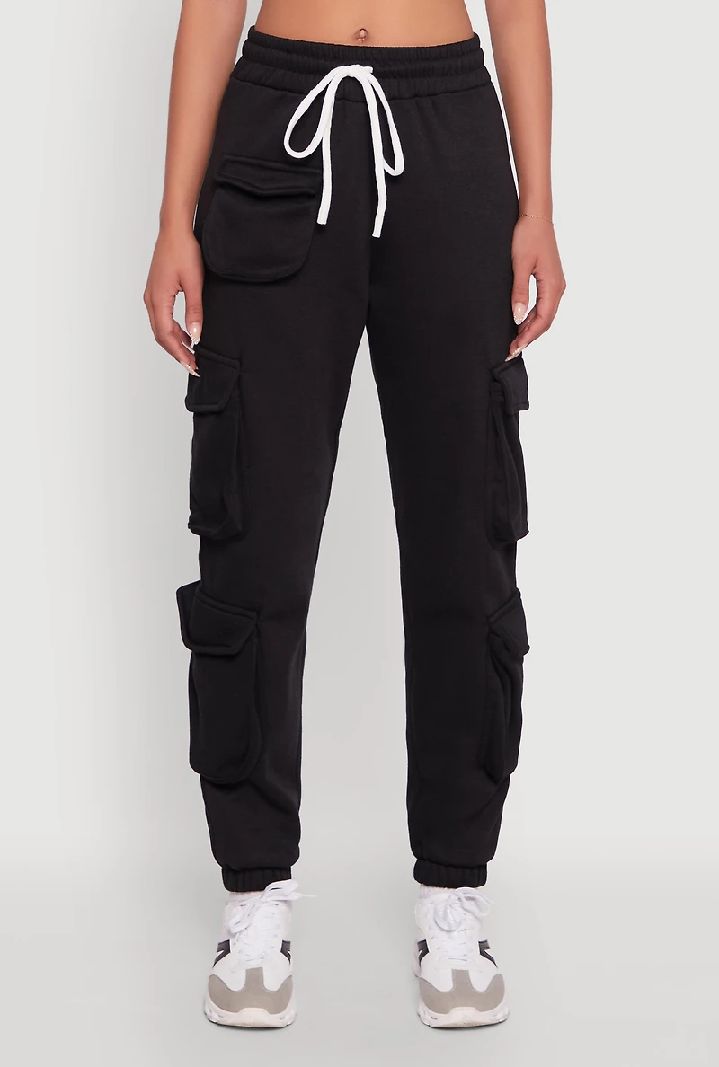 Womens Fleece Drawstring Waist Cargo Joggers, Black, Size M