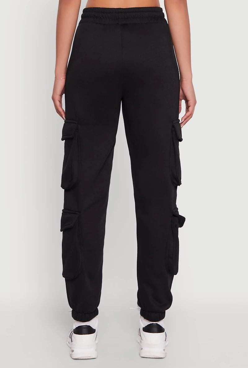 Womens Fleece Drawstring Waist Cargo Joggers, Black, Size M