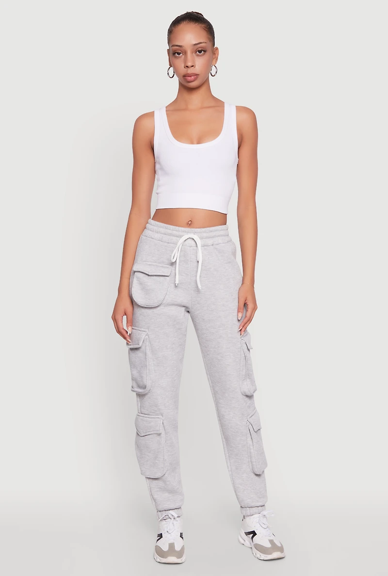 Womens Fleece Drawstring Waist Cargo Joggers, Grey, Size XL