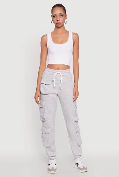 Womens Fleece Drawstring Waist Cargo Joggers, Grey, Size L