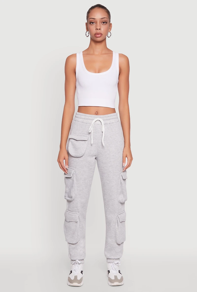 Womens Fleece Drawstring Waist Cargo Joggers, Grey, Size XL