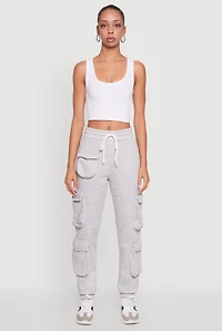 Womens Fleece Drawstring Waist Cargo Joggers, Grey, Size XL