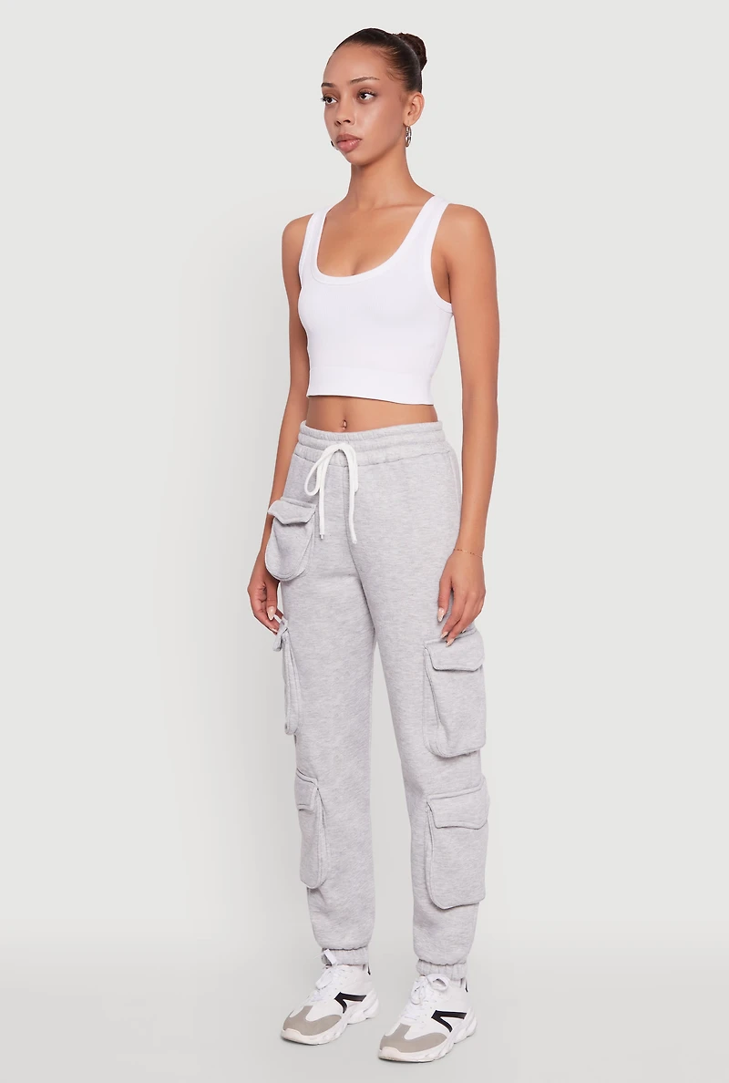 Womens Fleece Drawstring Waist Cargo Joggers, Grey, Size XL