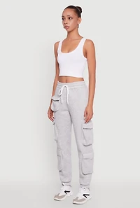 Womens Fleece Drawstring Waist Cargo Joggers, Grey, Size XL