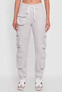 Womens Fleece Drawstring Waist Cargo Joggers, Grey, Size XL