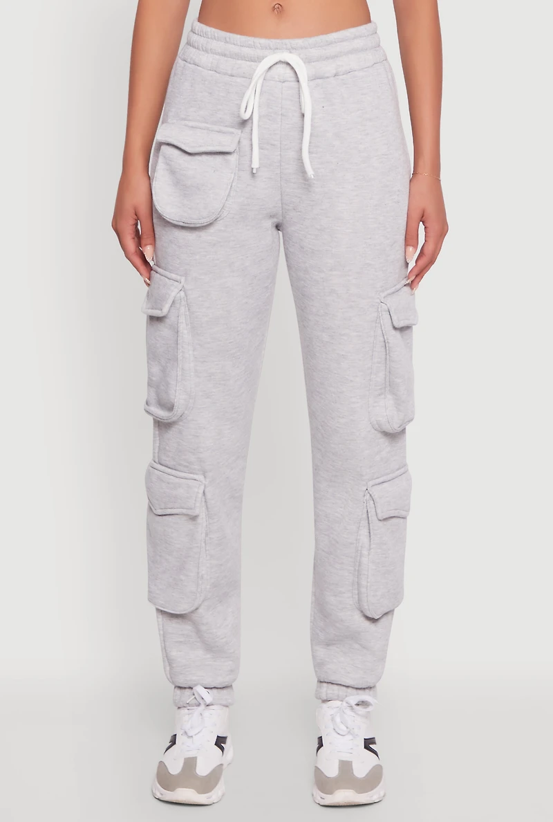 Womens Fleece Drawstring Waist Cargo Joggers, Grey, Size L