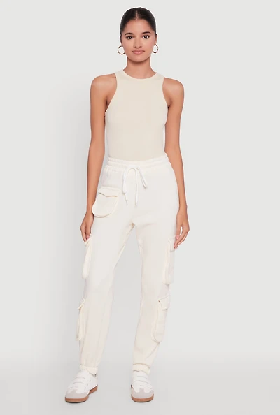 Womens Fleece Drawstring Waist Cargo Joggers, White, Size S