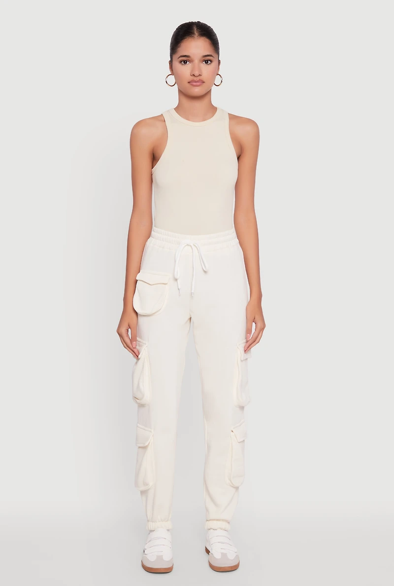 Womens Fleece Drawstring Waist Cargo Joggers, White, Size L