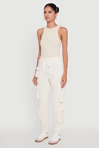 Womens Fleece Drawstring Waist Cargo Joggers, White, Size L