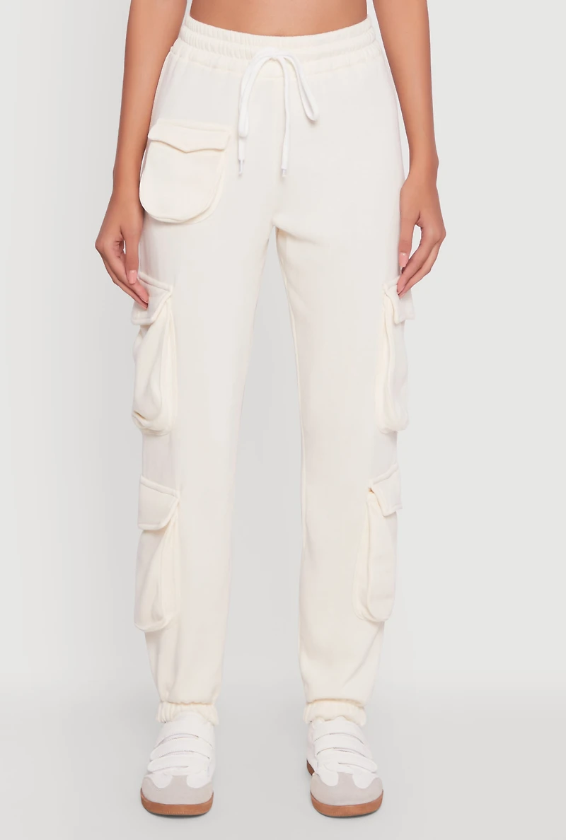 Womens Fleece Drawstring Waist Cargo Joggers, White, Size L