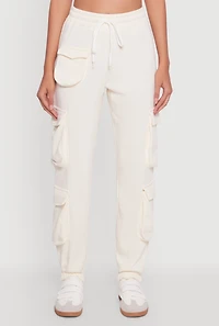 Womens Fleece Drawstring Waist Cargo Joggers, White, Size M