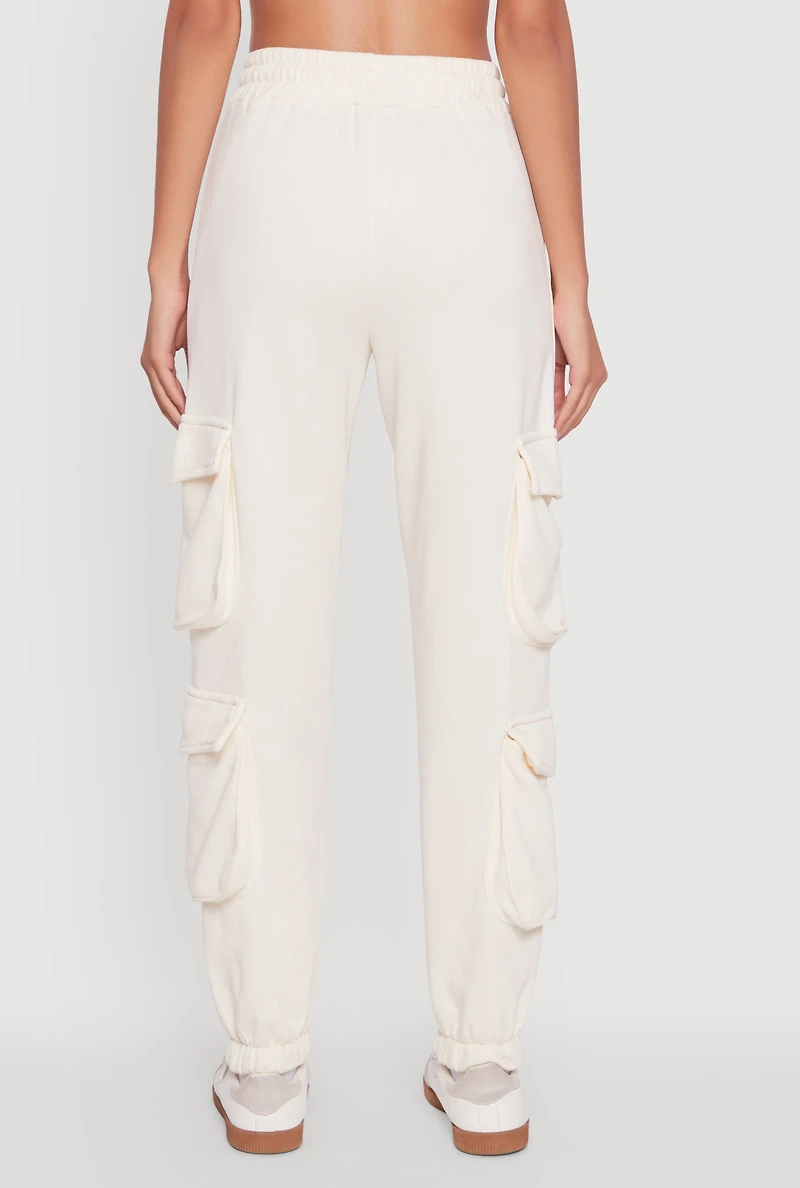 Womens Fleece Drawstring Waist Cargo Joggers, White, Size L