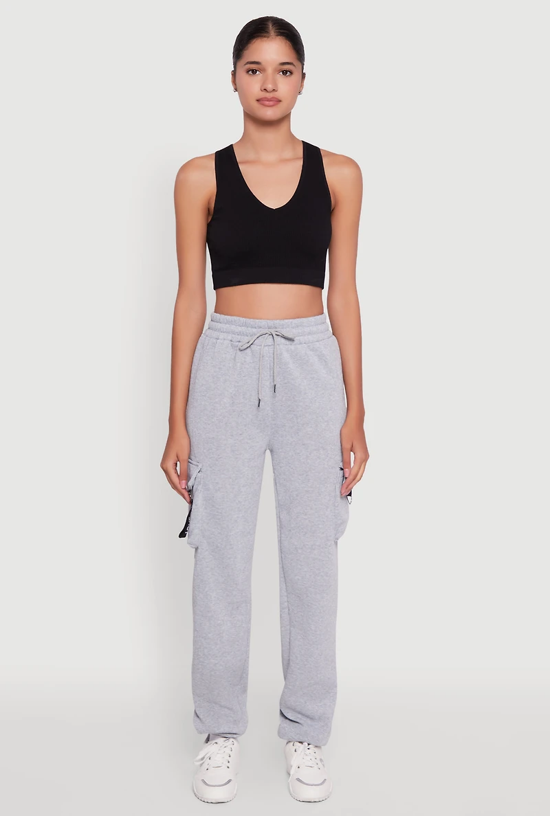 Womens High Waisted Love Graphic D Ring Closure Cargo Sweatpants, Grey, Size XL