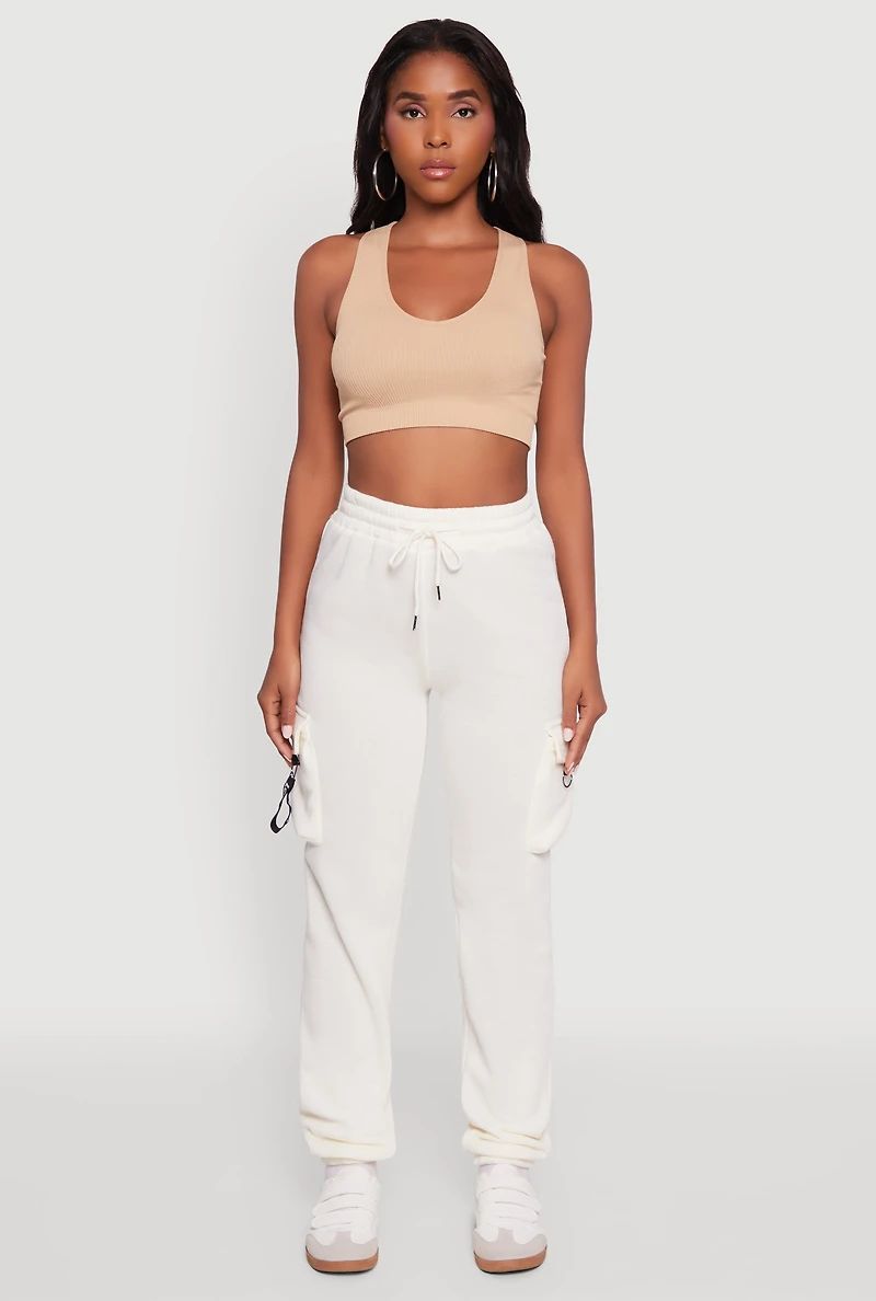 Womens High Waisted Love Graphic D Ring Closure Cargo Sweatpants, White, Size M