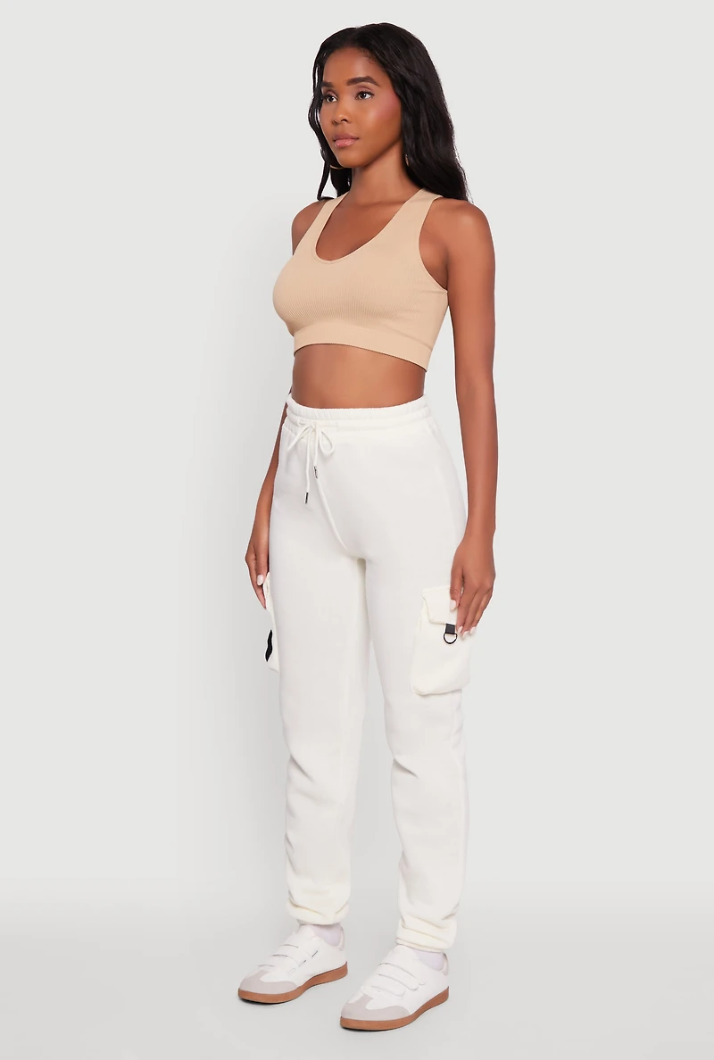 Womens High Waisted Love Graphic D Ring Closure Cargo Sweatpants, White, Size M