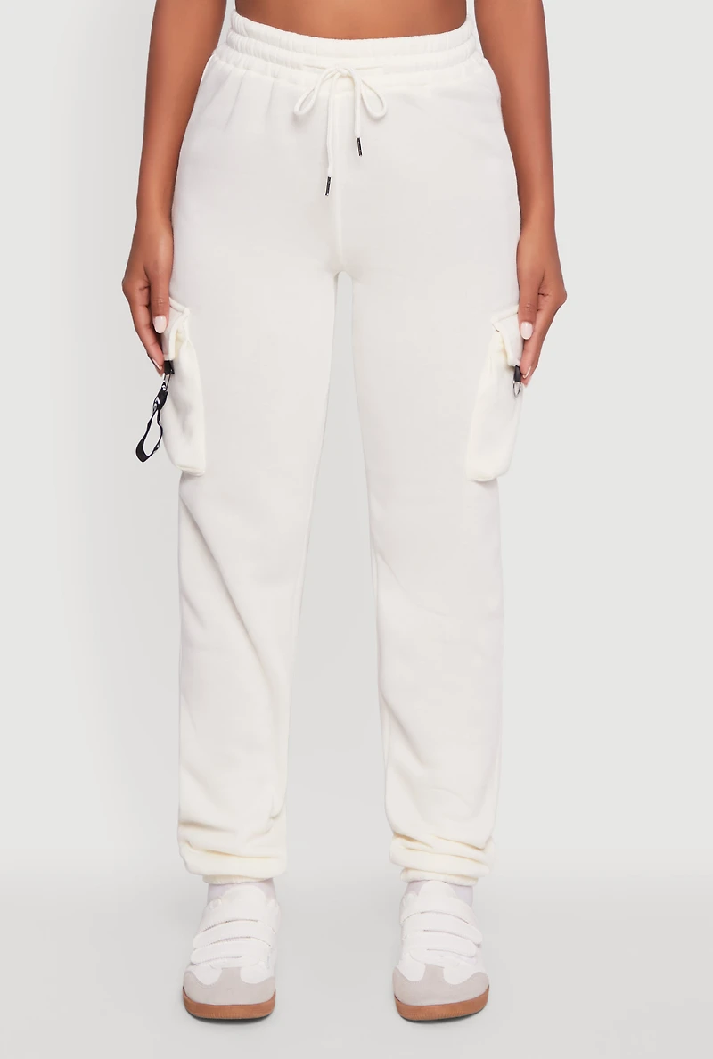 Womens High Waisted Love Graphic D Ring Closure Cargo Sweatpants, White,