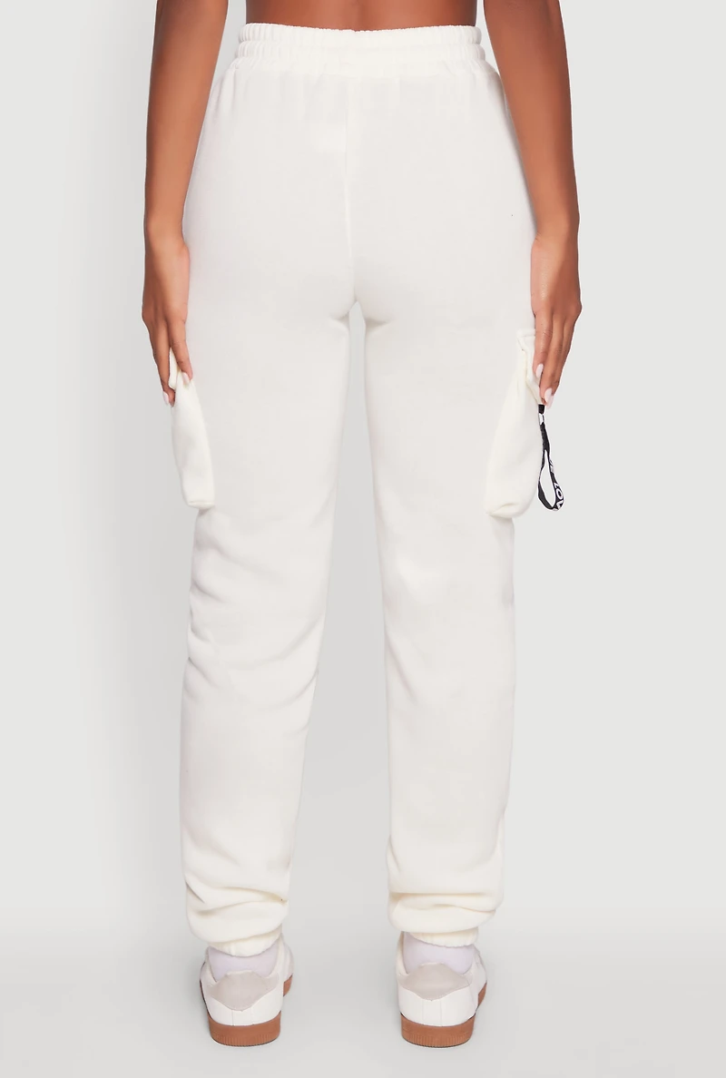 Womens High Waisted Love Graphic D Ring Closure Cargo Sweatpants, White,