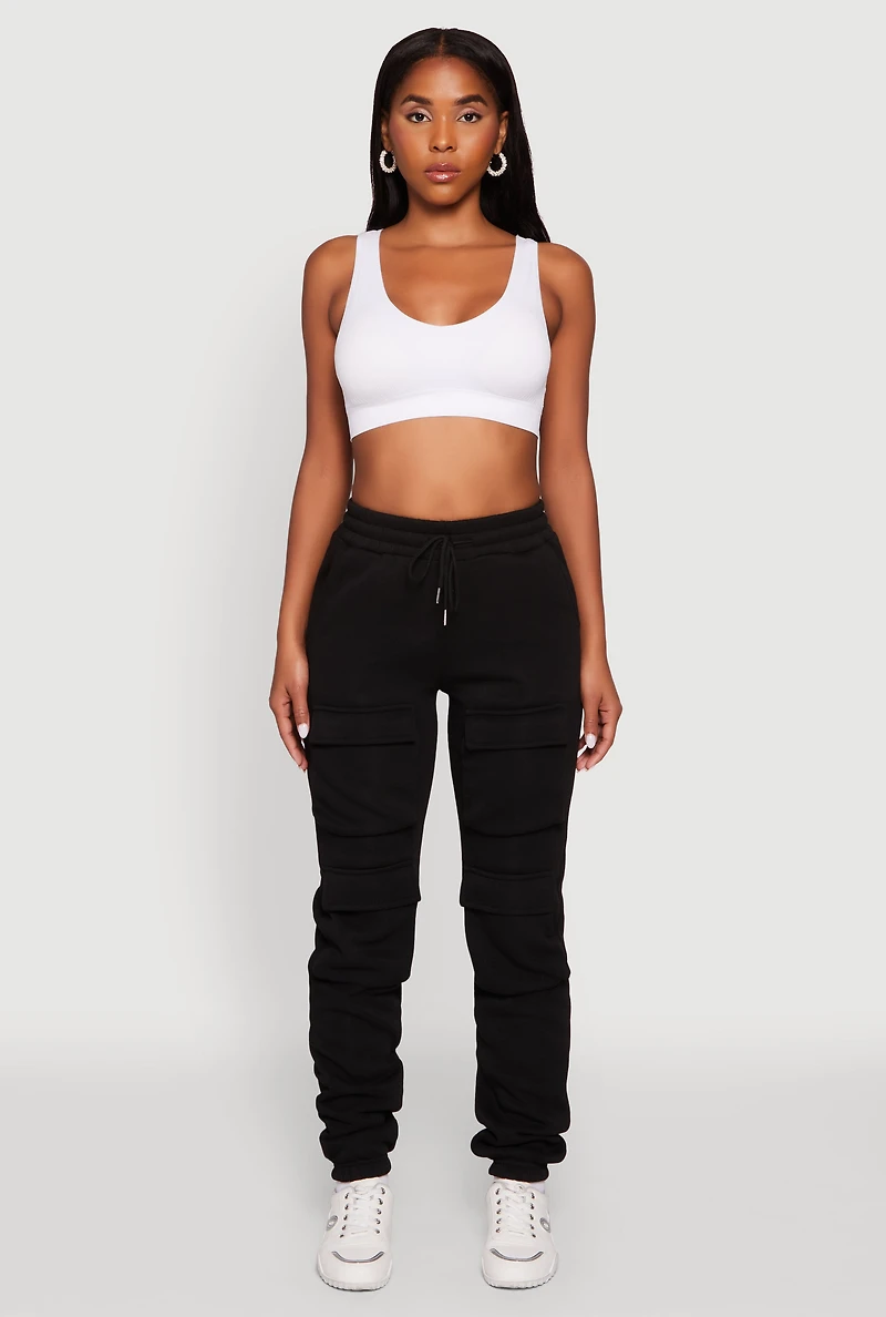 Womens High Waisted Fleece Stacked Cargo Pocket Sweatpants,